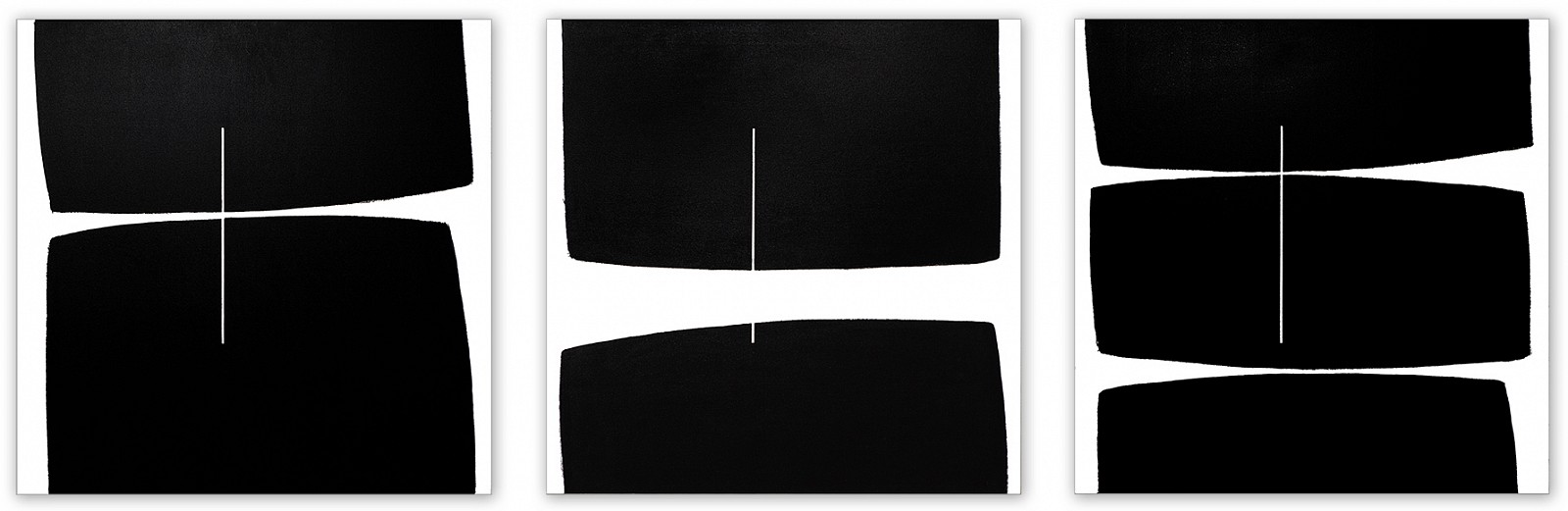 Tim Forbes, Trilogy 1-3 (triptych)
Acrylic on canvas, 40 x 120 in.
Greater the sum of the parts
.
As a single artist with a tinge of OCD I am married to patterns of certainty. Certain food, wine, shirts. Certain paint, canvas and formats.

A delivery of 40 inch square canvases created uncertainty stirring a deniable urge to immediately paint a circle as the metaphoric basis of life.

Rather, a synopsis of Pattern Recognition in three vertically oriented works came to the fore as a Trilogy.
A single static line of identical height and geometric position on each work creates an addendum to the rhythm of the patterns and their depth of field, completing negative space as the beat goes on.